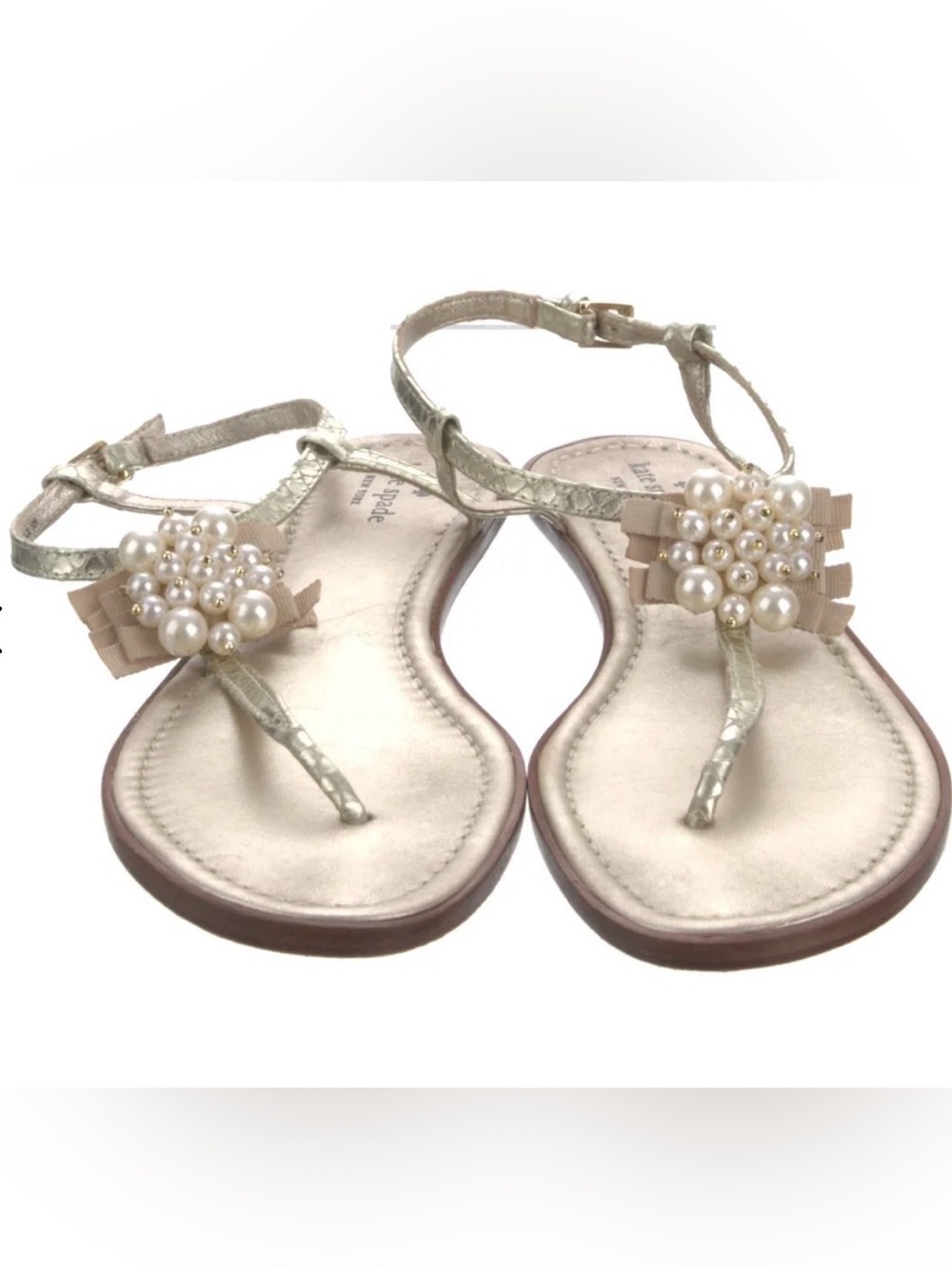 Kate Spade NY Pearl-Cluster Metallic Gold T-Strap Sandals 8.5